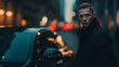 © Sajib - A young man in a black coat standing next to a car at night in the city