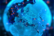 © Amgun - Blue holographic globe with nodes connected around earth. Concept of global network connection, communication technology, fintech, data exchange, worldwide exchange of information and online banking.
