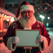 © Oran - Joyful Santa Claus in snowy setting holds blank sign, surrounded by festive lights. scene captures warmth and magic of holiday season