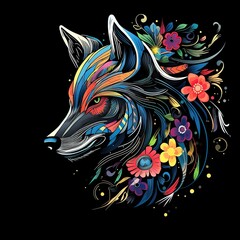 Naklejka na meble Vibrant Multicolored Floral Fox Head Illustration with Swirling Garden Motifs