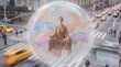 © natalyamatveeva - A conceptual advertising image for mental wellness and calm. A person in comfortable, neutral-toned clothing is sitting in a meditative pose floating inside a protective iridescent bubble sphere.