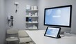 © Justlight - Telehealth exam cubicle in a clinic captured in medium shot sharp monitor and handheld device in foreground while medical tools and seating fade into the background.