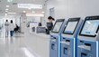 © Justlight - Medium shot of a hospital reception desk with vibrant digital kiosks in the foreground blurred visitors and signage in the soft background highlighting efficient checkin service.