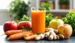 © Semi - Freshly Squeezed Orange Juice With Apples Carrots Ginger And Parsley On A Dark Countertop With Blurred Greenery Background Natural Light