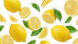 © yendisupiandi - Fresh Lemons and Slices Falling with Green Leaves, White Background