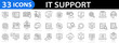 © vectorsanta - IT support 33 icon set. Troubleshooting icons. Computer bug. Online assistance. IT helpdesk. Installation. Maintenance. Editable stroke, Vector illustration