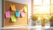 © Amienah - A cork bulletin board filled with colorful sticky notes and educational notes pinned near a sunlit window with a plant on the desk
