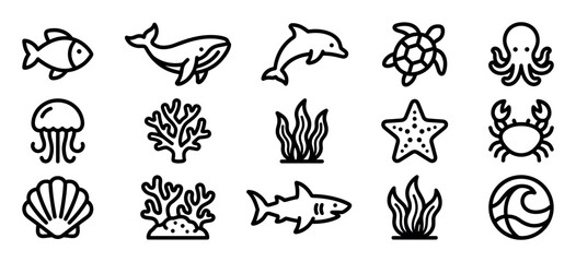 Naklejka na meble Set of black outline sea life icons featuring marine animals and plants like a fish, whale, dolphin, and turtle, designed in a simple, minimalist, and modern line art style
