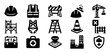 © eclipse - Set of black construction safety icons representing building site equipment, personal protective gear, and workplace hazards in a simple glyph style for graphic design