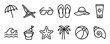 © Mr. Png - Set of twelve summer beach vacation icons in a minimalist black line art style including a palm tree, umbrella, sunglasses, and flip-flops for travel and holiday concepts