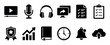 © Mr. Png - Black e-learning glyph icon set for online courses and digital media, featuring a microphone, headphones, checklist, growth chart, and notification bell in a simple flat design