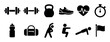© Mr. Png - Set of black fitness icons for gym workouts and healthy lifestyle concepts, including dumbbell, kettlebell, sneaker, heart rate, and stopwatch symbols in a simple glyph style