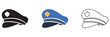 © KD Vector Studio - Police Hat Icon Variations Set. Minimal police hat icons in black, blue colour and outline styles, symbolizing law enforcement, authority, security and official uniform design elements.