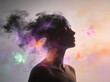 © yang - A meditating person's silhouette, with ink-like smoke transforming into glowing, translucent butterflies in lilac, pink-orange, and light green – Serene 3D digital art for mental health campaigns, the