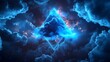 © Anyket - Striking luminous blue neon light double triangle portal in cloudy cosmic sky with subtle red and orange light, creating mysterious abstract night scene