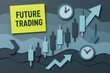 © Chanita - Future trading concept with paper cut candlestick chart arrow clock layered design blue green color modern financial investment business stock market illustration