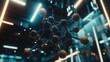 © Muhajirstudio - A detailed intricate molecular model constructed from interconnected spheres and rods glowing in blue and orange light against a dark background