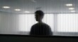 © Hungarian - Dark silhouette of a person visible through a translucent, vertically ribbed partition