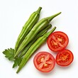 © Light of Art - Fresh okra pods with vibrant green hues are displayed alongside halved red tomatoes, complemented by a sprig of parsley against a clean white background for a healthy meal.