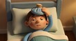 © Farhan - A young child feeling unwell, resting in bed with an ice pack, highlighting the importance of attentive child care during illness and recovery