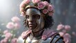 © MAJIDULISLAM - a digital painting of a strong black woman with curly hair wearing a medieval roman silver and gold armor with a pink rose headband and a pink scarf on her shoulder in a garden