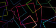 © Creative work - Abstract dark background with neon rounded squares and thin colorful intersecting lines for futuristic tech design