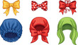 © Sanjida - Hair accessory illustration set with bows bonnets headwear and ribbons for fashion design, beauty branding, hairstyles, and flat vector art