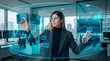 © Rendara Studio - Technology analyst interacting with transparent financial data interface in modern office