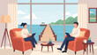 © Enative - Two people work on laptops in cozy chairs, overlooking a pier and ocean