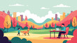 © eren - Vibrant park scene with city skyline, a person working, and a child walking a dog