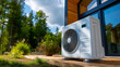 © Kateryna Arkhypova - Medium shot of modern heat pump unit installed outside newly built home, sustainable energy use showcase, efficient heating cooling, eco-friendly technology, with copy space
