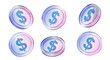 © N ON NE ON - Set of coins dollar usd semitransparent isolated on transparent png background. Gradient hologram crystal style money saving cashback cash economy exchange investments finance. 3d rendering