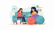 © Teri - Two women and a dog relax indoors with yarn and a snack