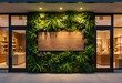 © Nataliia Kovtsun - Modern outdoor storefront mockup with a blank wooden signage board on a lush vertical garden green wall at twilight.