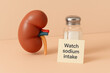 © Chanita - Medical concept human kidney organ model with note about controlling dietary salt consumption health awareness educational display on neutral beige background