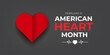 © zmiter - February is American Heart Month awareness banner with red heart symbol and pulse line on dark grey background, professional medical healthcare vector design. Heart month with paper heart