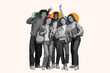 © Prostock-studio - Five young people stand together with smiles. They have backpacks and books, showing excitement. The background features colorful shapes, adding energy to the scene.