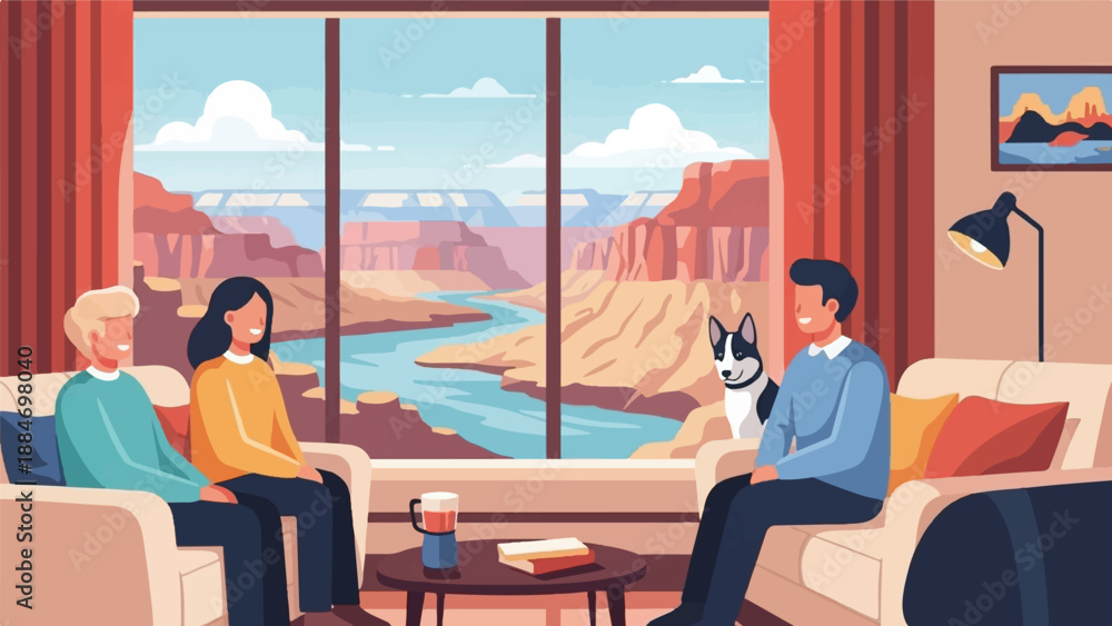 Cozy indoor scene with people, dog, and a stunning canyon view