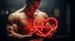 © far - Muscular man holding glowing heart symbol representing fitness and vitality concept