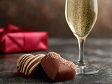 Heart shaped chocolate, red gift box, glass of sparkling wine, romantic mood, sweet dessert, celebration, close up