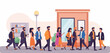 © Pkl - Diverse people in casual and business attire walk along a sidewalk