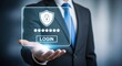 © The Little Hut - Data Protection Concept: Businessman Presenting Cybersecurity Shield and Login Interface for Secure Access