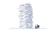 © Afsana - Stark visual of a tiny person working diligently at a small desk next to a towering stack of white documents, symbolizing an overwhelming workload and dedication.