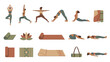 © Tazin - Yoga poses and mats flat vector icon set. Woman doing asanas. Stretching exercises. Fitness workout. Meditation relaxation. Pilates equipment. Gym sport training. Healthy lifestyle.