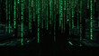 © Xenia - Abstract digital rain of green code in a dark cyberspace. Futuristic HUD interfaces with data and charts in a virtual server room. Cybersecurity and computer programming concept