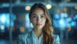 © P - Portrait of a confident businesswoman wearing a headset in a modern office environment with blurred city lights