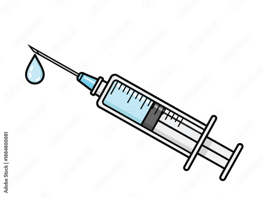 Medical syringe with a drop of liquid ready for injection treatment ...
