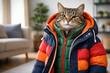 © Andbiz - A cat in a warm winter jacket at home. Space for text.