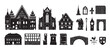 © Mr. Stocker - Set of black medieval architectural element silhouettes featuring a gothic church, town hall, half-timbered house, stone bridge, gargoyle, and other historic old town icons