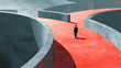 © Yurij - Businessman walking alone at a crossroads inside a maze with contrasting paths representing decision making and strategic choices in a conceptual setting